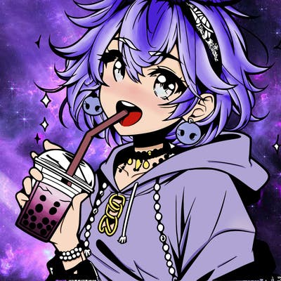 hot baddie anime girl drinking boba and biting the straw