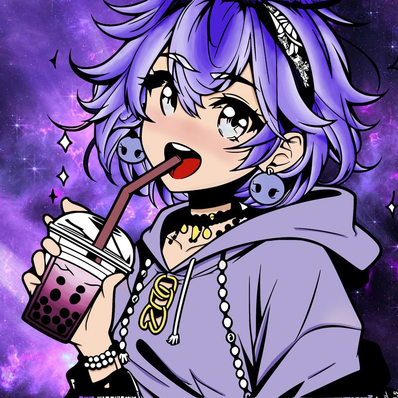 hot baddie anime girl drinking boba and biting the straw