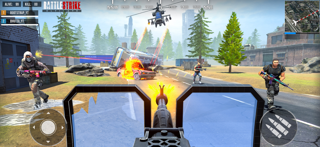 BattleStrike Commando Gun Game - Perspectiva de juego de disparos en primera persona de una ametralladora en un campo de batalla con explosiones y soldados.