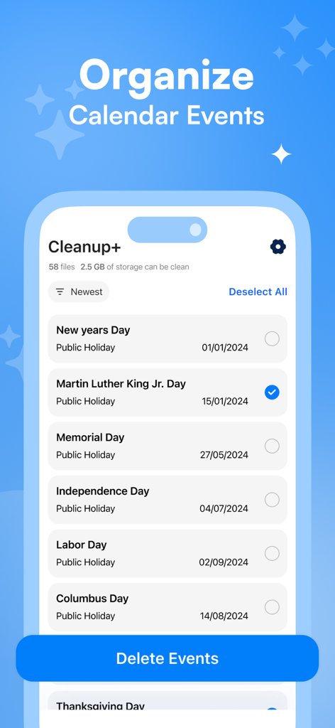 Interfaccia dell'app iCleanup che mostra la funzione per organizzare gli eventi del calendario per iPhone