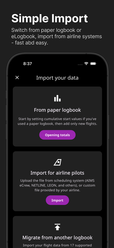 Interface showing options to import flight data from paper logbooks or airline systems in the Flylog app