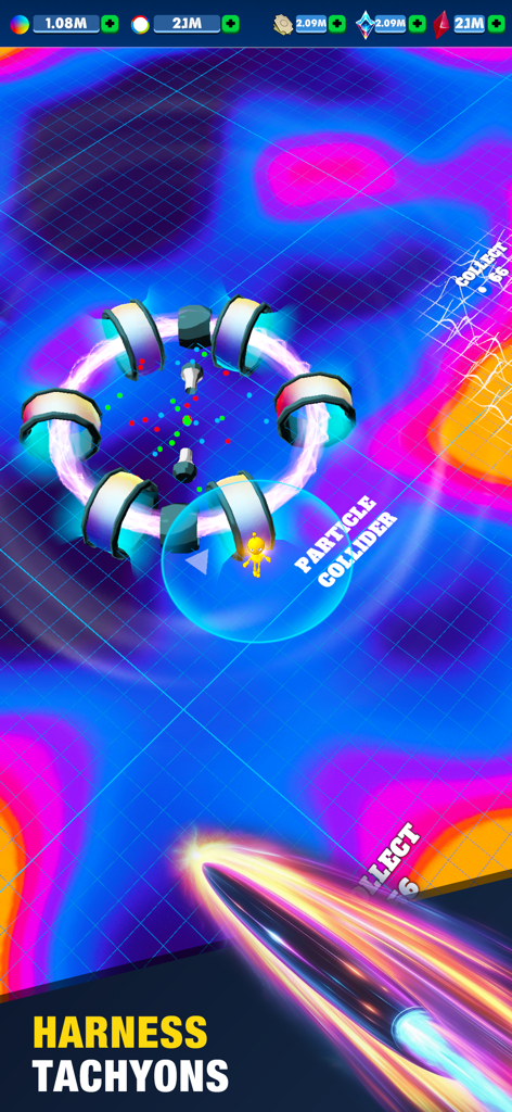 A gameplay screenshot of Sandbox Universe Architect showing a particle collider and the action to harness tachyons.