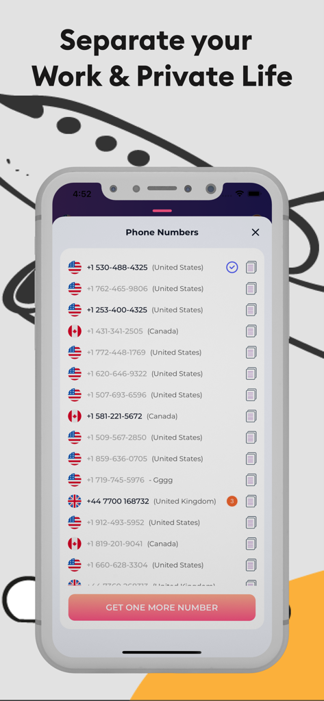 GSM+ Second Phone Number - Pantalla de la aplicación móvil que muestra múltiples números de teléfono secundarios internacionales para privacidad y separación de la vida laboral