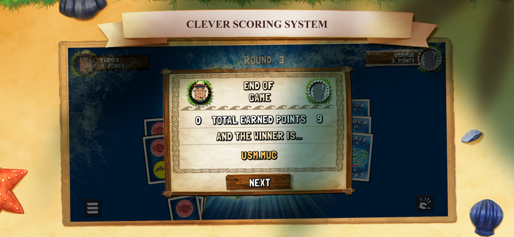 Kahuna - End of game screen for Kahuna showing a clever scoring system and final results between two players