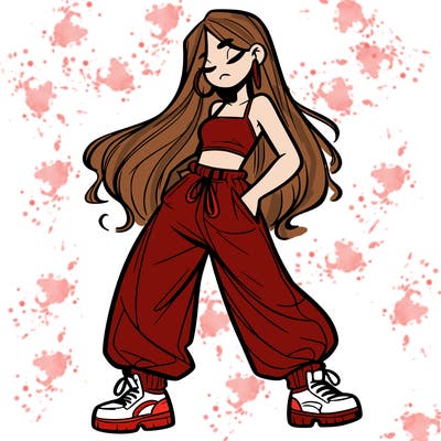 girl in baggy pants crop top and long hair
