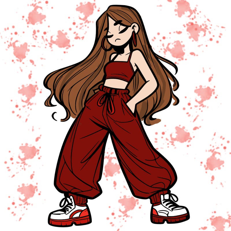 girl in baggy pants crop top and long hair