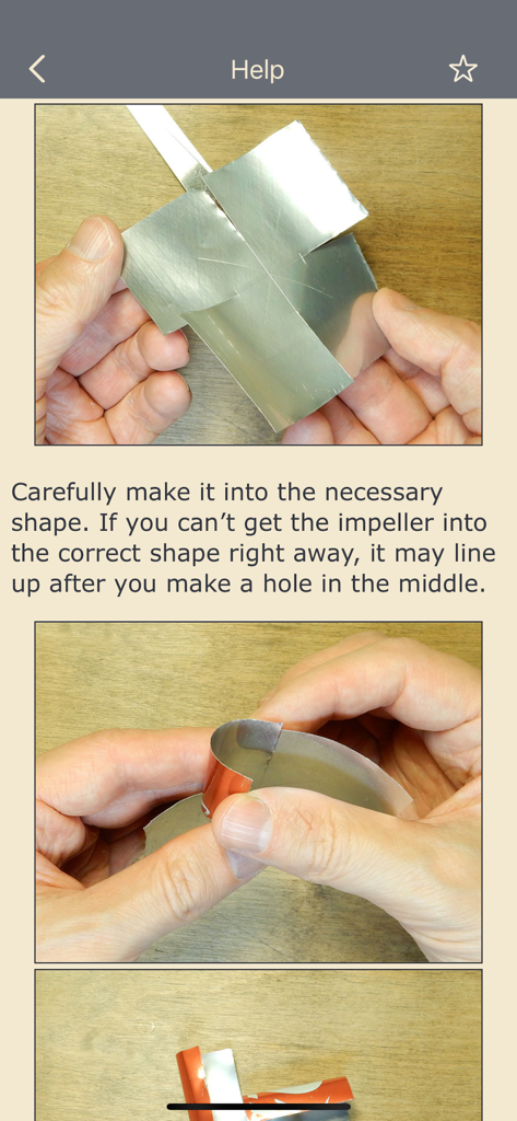 Instructional photos showing how to shape a metal sheet for a DIY anemometer impeller