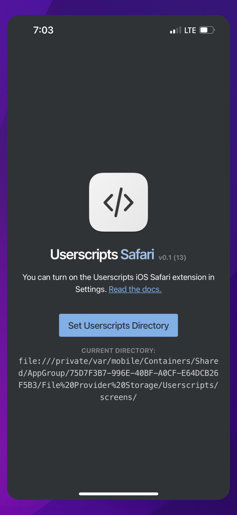 Userscripts - L'écran d'accueil de l'application Userscripts avec la configuration du répertoire pour l'extension Safari sur iOS