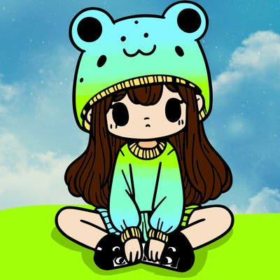 a girl wearing a frog hat and some frog socks