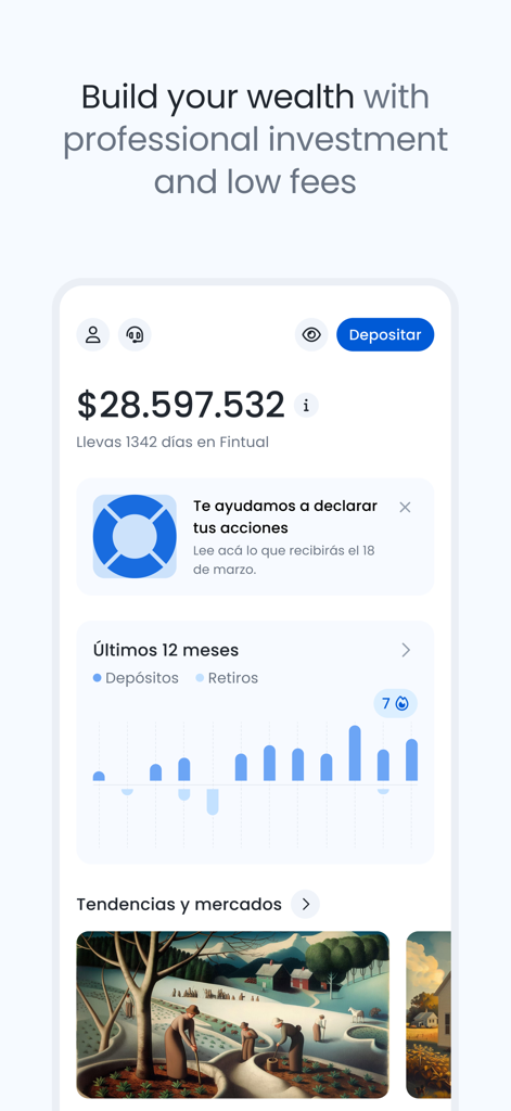 Fintual: Invierte y ahorra - Fintual App-Oberfläche zeigt das Gesamtguthaben und ein Balkendiagramm der Anlageperformance