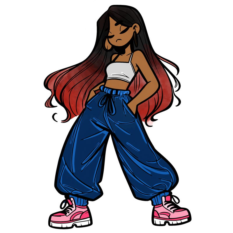 girl in baggy pants crop top and long hair