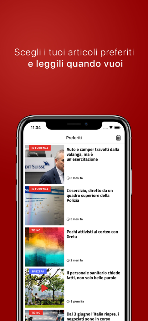 TicinoNews - The favorites screen of the TicinoNews app showing a list of saved Italian news articles.