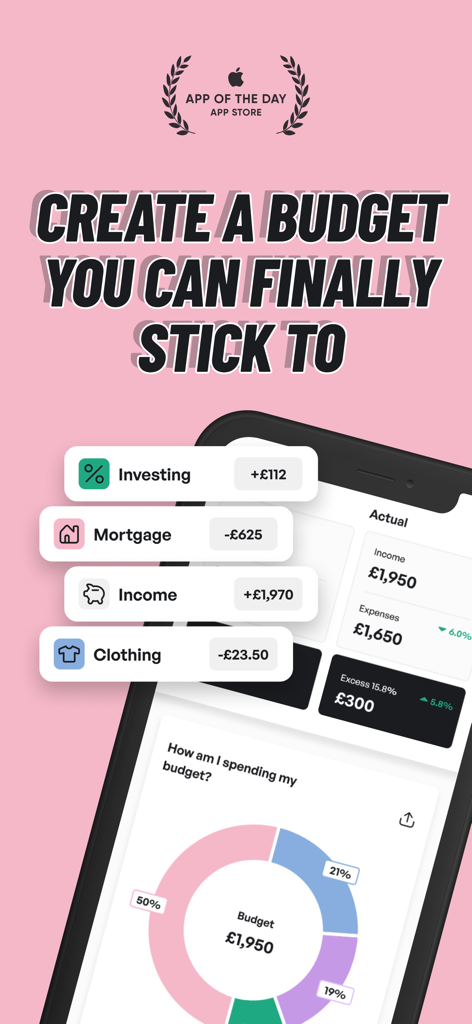 Interfaz de la aplicación móvil Financielle que muestra categorías de seguimiento de presupuesto y un gráfico circular de desglose de gastos en un fondo rosa
