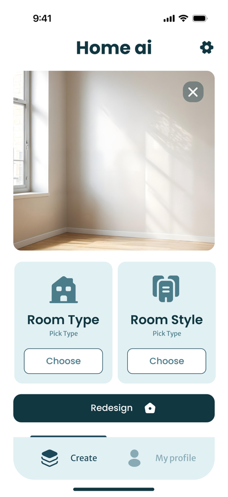 AI Home Design app interface for selecting room type and style for a redesign