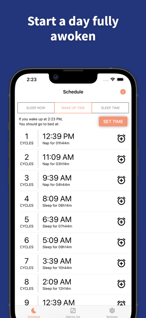 Sleep Cycle - Sleep Calculator - Schermata dell'app Sleep Cycle che mostra un elenco di orari di addormentamento e durate dei cicli del sonno suggeriti per un orario di risveglio specifico.