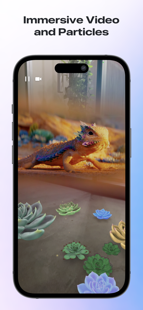 Scenery – Spatial Experiences - Un iPhone mostrando una experiencia AR inmersiva con un lagarto de colores y suculentas virtuales.