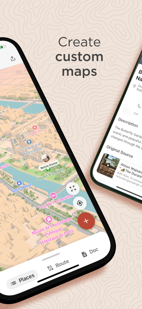 Wander: Maps & Navigation - Mobile app interface showing interactive 3D travel maps and social media integration