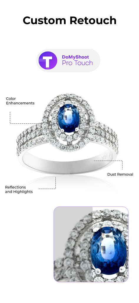 DoMyShoot Product Photo Studio - Example of professional jewelry retouching for a sapphire and diamond ring showing color enhancement and dust removal