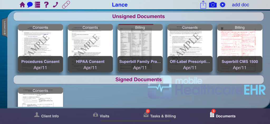 Mobile Healthcare EHR - Dashboard view of the Mobile Healthcare EHR app showing a list of signed and unsigned patient documents like HIPAA consents and billing forms.