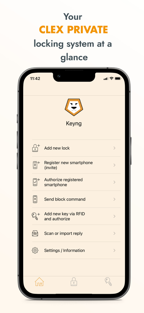 Keyng - Keyng app main menu interface showing options to add locks and register smartphones for electronic access management