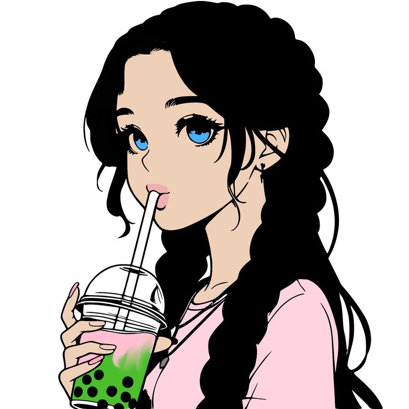 realistic girl with braided hair drinking boba