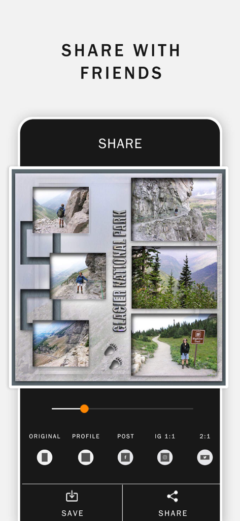 Photo Shape Collage Maker. - Photo collage sharing screen with social media icons and aspect ratio options