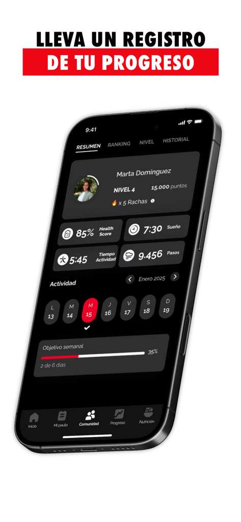 HANU Fit - A user profile in the HANU Fit app showing fitness metrics including health score, sleep, activity time, and step count.