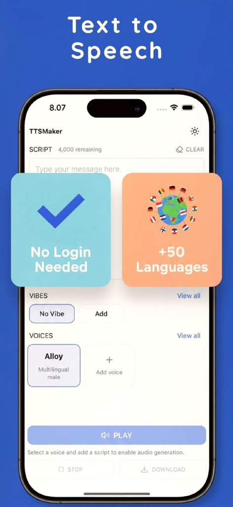 Speechma - AI TTS Speech Maker - Speechma app interface showing text to speech features including no login required and support for over 50 languages
