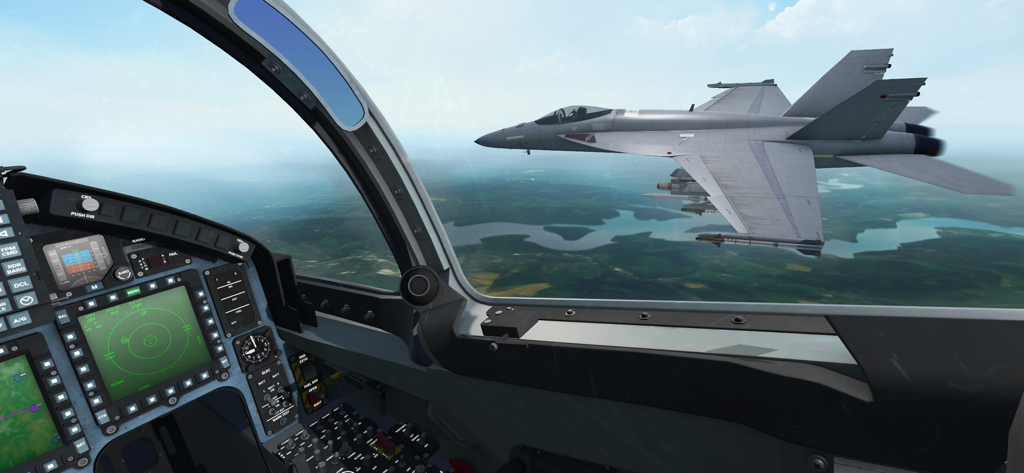 RCS - Real Combat Simulator - Vista de cabina de un avión de combate volando en formación sobre un paisaje en RCS Real Combat Simulator