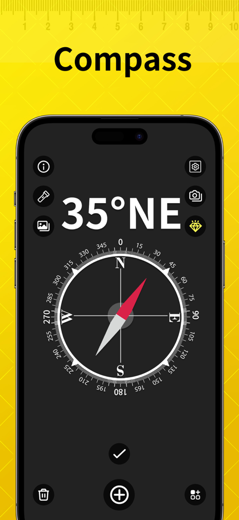 Digital compass interface in the Level Tool app showing 35 degrees North East on a smartphone screen