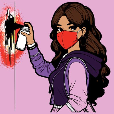 realistic girl with mask spray painting a wall
