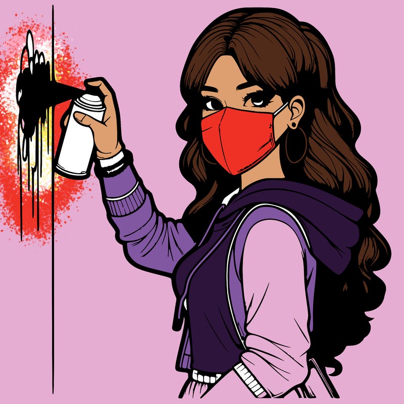 realistic girl with mask spray painting a wall