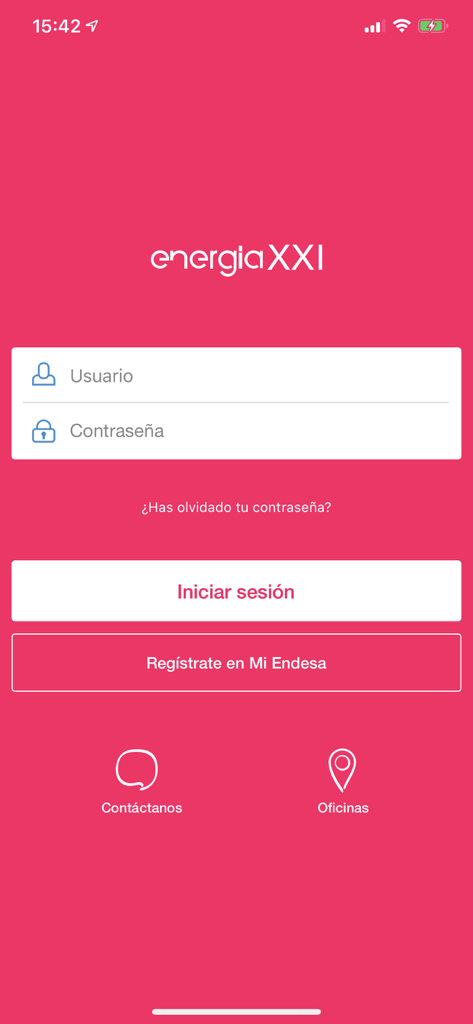 Energía XXI - Energia XXI app login screen with username and password fields for energy contract management