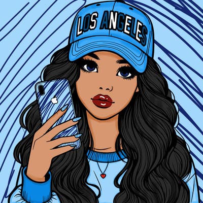 realistic beautiful girl wearing los ángeles cap holding an iphone