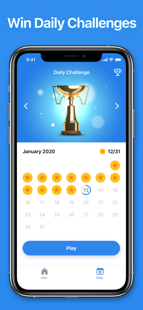 Word Search - Crossword Game - Pantalla del Desafío Diario de la aplicación Sopa de Letras mostrando un trofeo de oro y el progreso del calendario mensual.