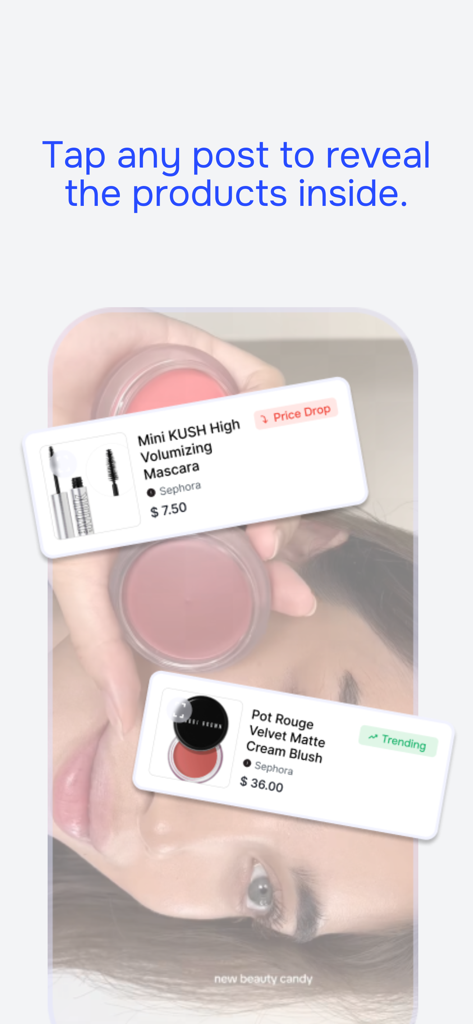Mobile app screen showing beauty product tags like mascara and cream blush overlayed on a social post