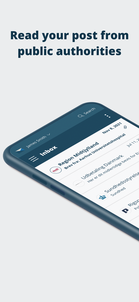 Digital Post app inbox screen showing messages from Danish public authorities on a mobile device