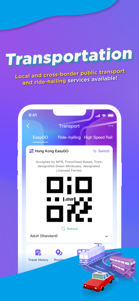 AlipayHK - AlipayHK app interface showing EasyGO QR code for Hong Kong public transportation and ride hailing
