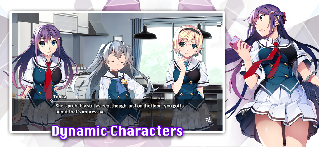 Grisaia Phantom Trigger Vol.1 - Tres chicas de anime con uniformes escolares de Grisaia Phantom Trigger Vol 1 con el texto Personajes Dinámicos