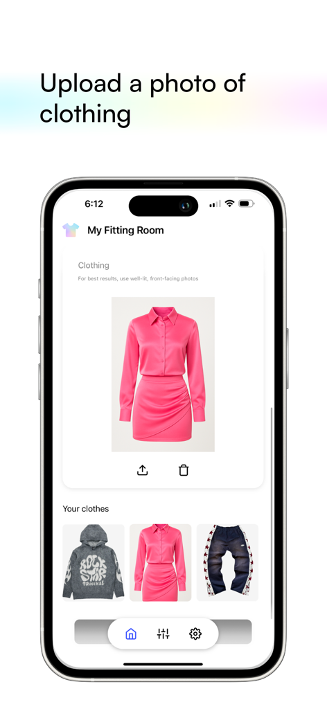 Interface of the My Fitting Room app showing an uploaded pink outfit and a gallery of saved clothing items