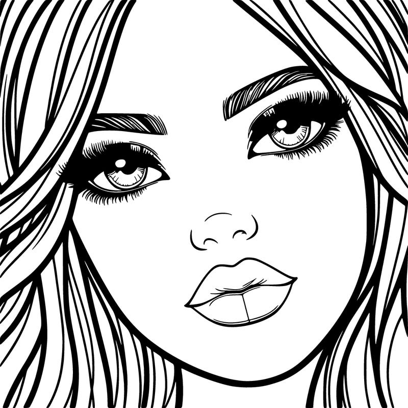 a realistic girl face long hair has lips and eyes