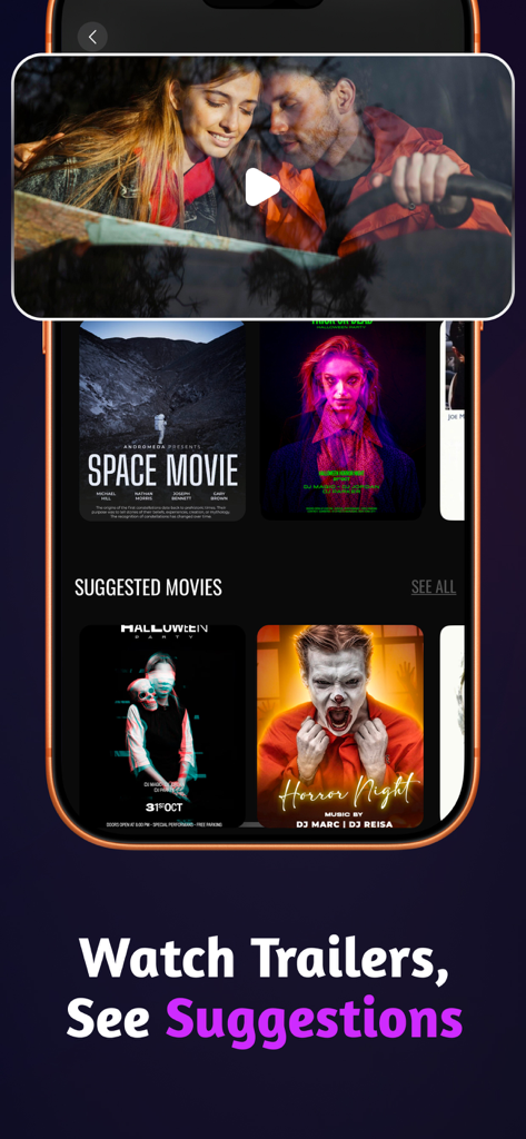 Interfaz de la aplicación Seekee TV con un reproductor de tráileres de películas y listas de películas sugeridas.