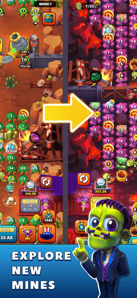 Screenshot of Idle Zombie Miner showing different mine locations and a zombie manager character with the text Explore New Mines.