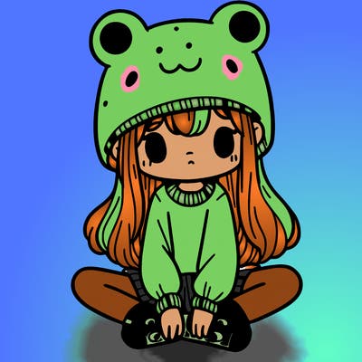 a girl wearing a frog hat and some frog socks