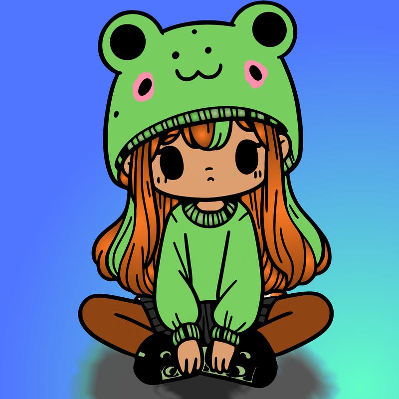 a girl wearing a frog hat and some frog socks