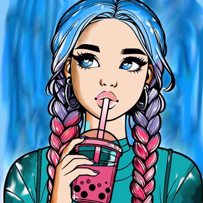 realistic girl with braided hair drinking boba