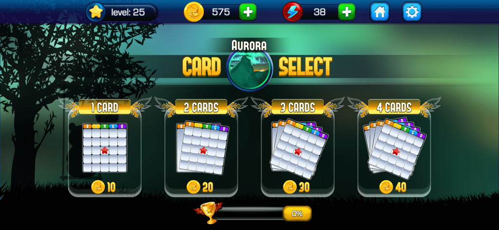 Absolute Bingo! Play Fun Games - In game card selection menu for Absolute Bingo showing options to play with one to four cards