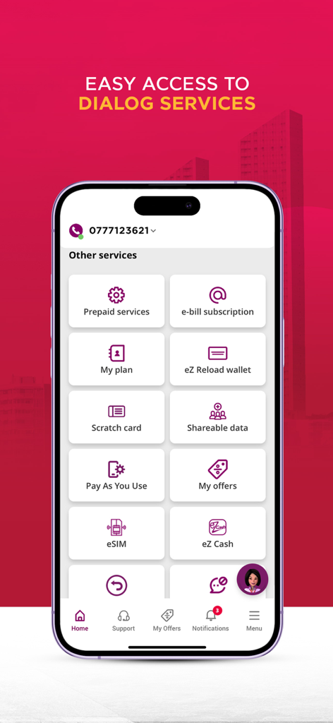 MyDialog - L'interface de l'application MyDialog affiche les options de service telles que les services prépayés, l'abonnement à la facturation électronique et le portefeuille eZ Cash.