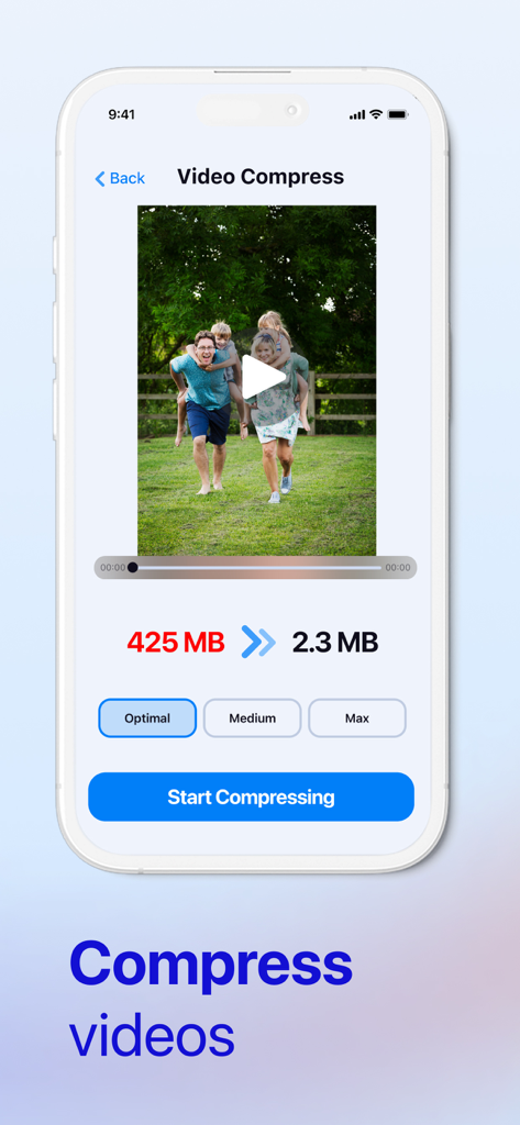 Phone Storage Cleaner: Free up - Interfaz de la aplicación de iPhone mostrando la herramienta de compresión de video que reduce un archivo de 425 MB a 2.3 MB para ahorrar espacio de almacenamiento