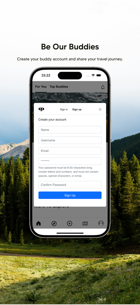 Bipi : Travel Platform - Sign up screen for Bipi travel app featuring a registration form with a scenic mountain background